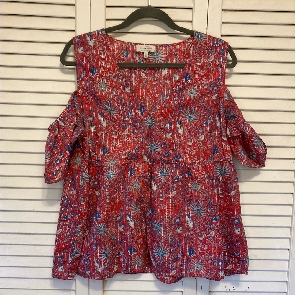 Lucky Brand Pink And Blue Cold Shoulder Blouse Size Large
